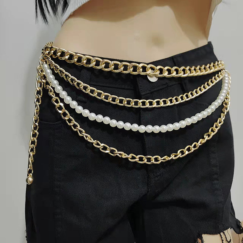 Metal Pearl Belt Chain Multi-layer Chain Belt Pearl Layered Waist Chain
