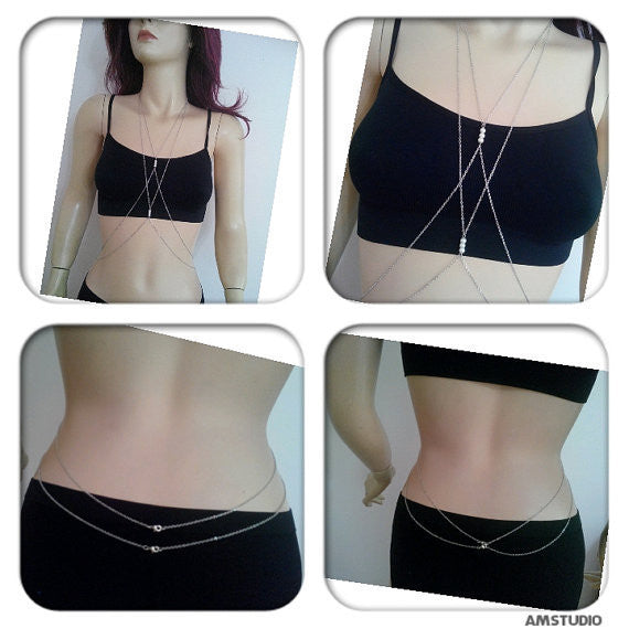 Peal Cross Chest Waist Chain Sexy Breast Body Bra Chain