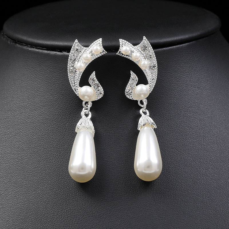 Pearl Necklace Earrings Set Bridal Fashionable New Alloy Two-piece Jewelry Set