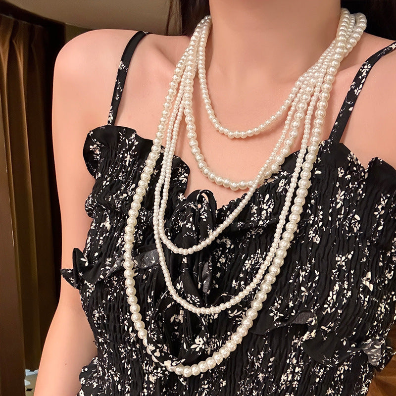 Layers Pearl Beaded Necklace Long Jewelry Women