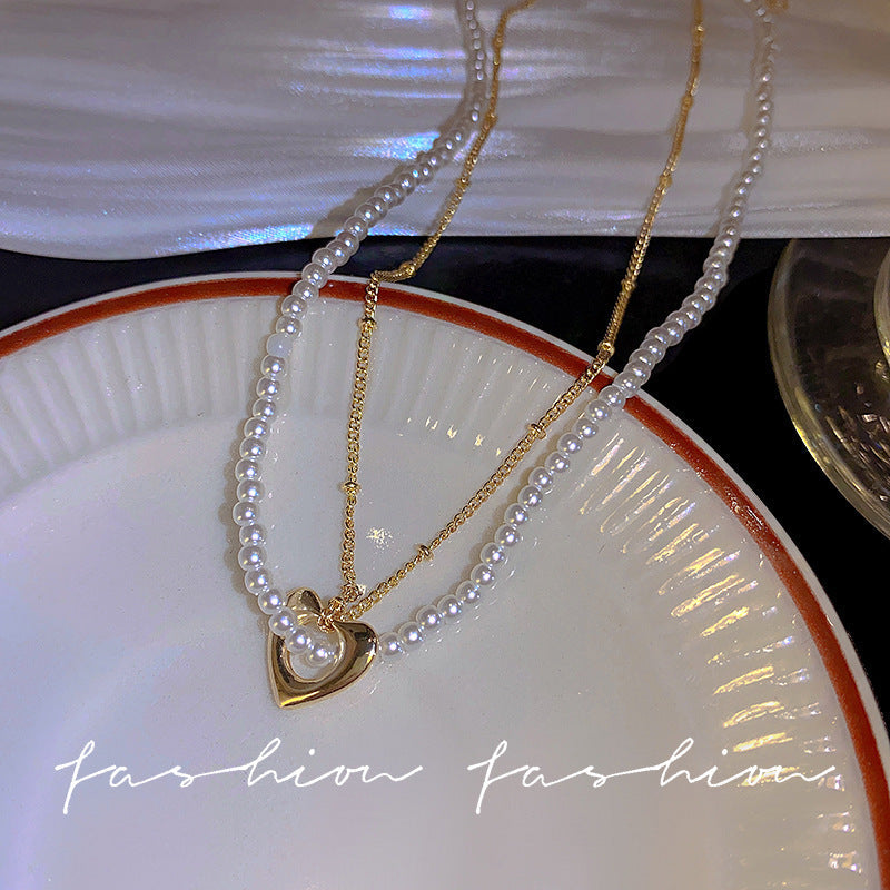 Pearl Heart Link Chain Double Layer Chains Necklace
