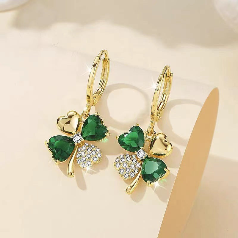 Crystal Rhinestone Four Clover Leaf Shaped Hoop Earrings