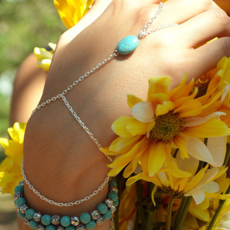 Turquoise Stone Beads Slave Finger Ring Bracelet