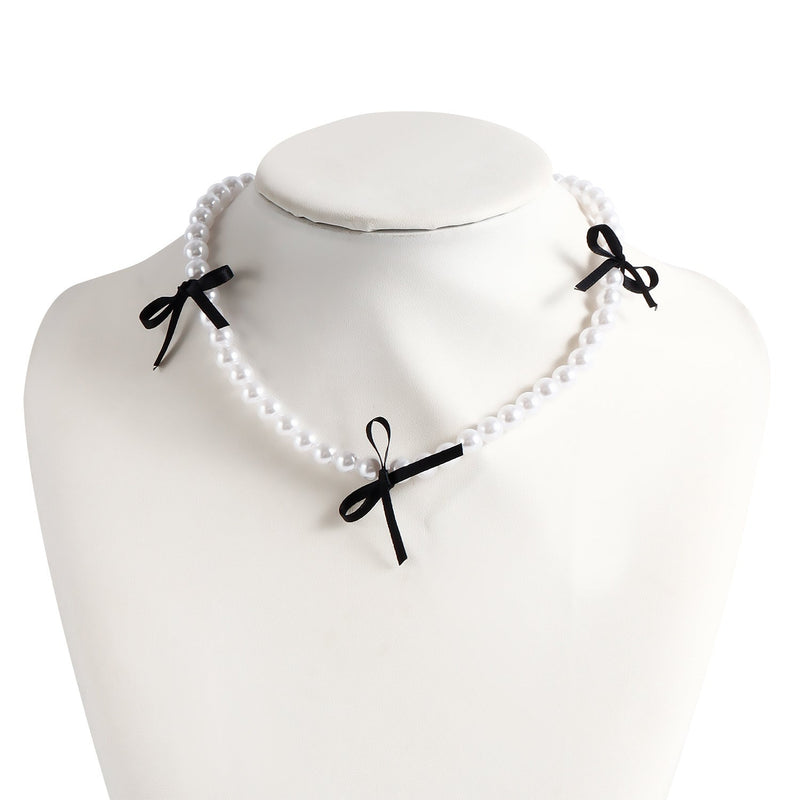 Black Ribbon Bow Necklace Love Pearl Bead