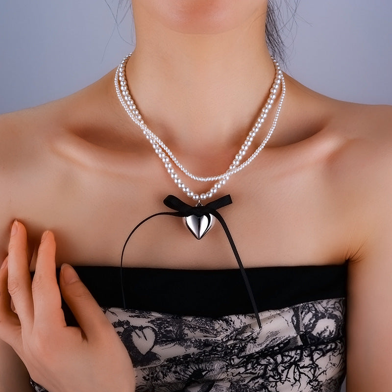 Vintage Love Charm Double Layer Pearl Choker Necklace Ribbon Bow
