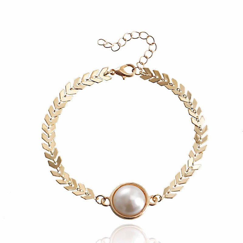 Leaf Chain Pearl Charm Bracelet