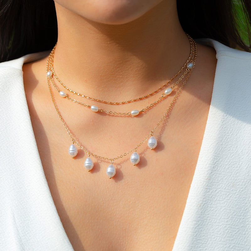 Women Pearl Bead Multi-layer Collarbone Chain Necklace