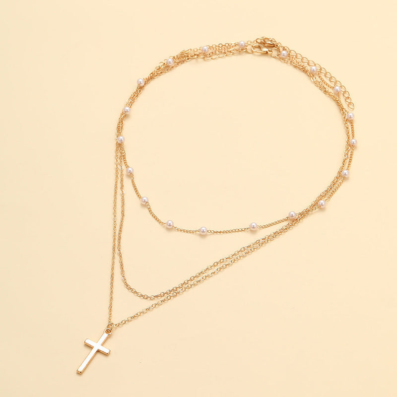 Chain Cross Three-layer Pearl Chain Cross Necklace