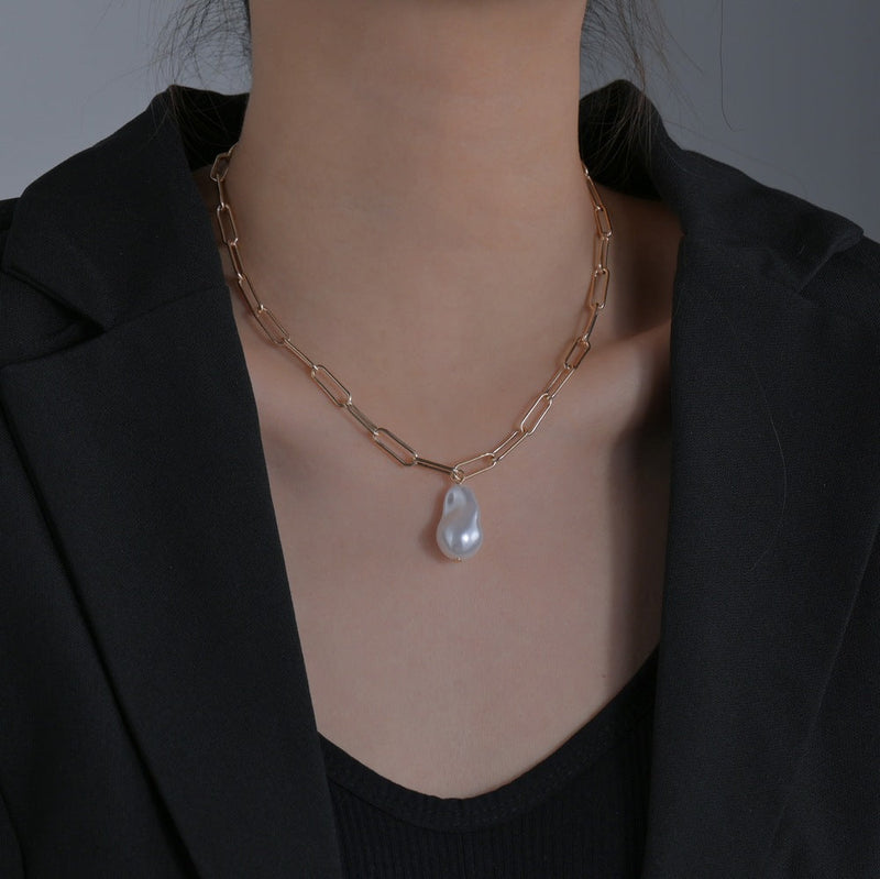 Paper Clip Chain Necklace Baroque Large Pearl Pendant