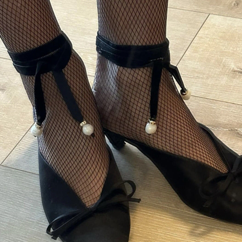 Women Velvet Pearl Bow Choker Simple Long Lace up Necklace