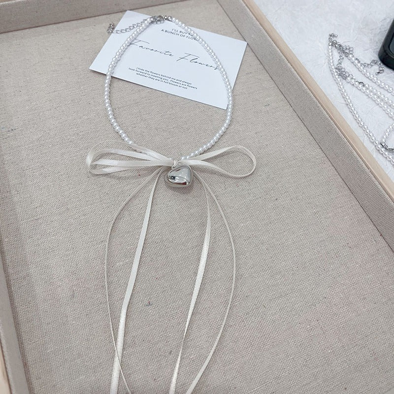 Ribbon Bow Silver Heart Pendant Pearl Choker