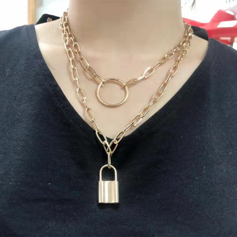 Punk Double Layer Lock Chain Necklace Padlock