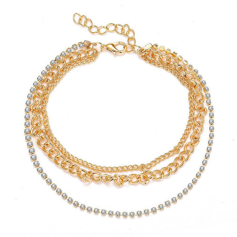 Multilayer Sparking Rhinestone Beaded Chain Anklets Jewelry