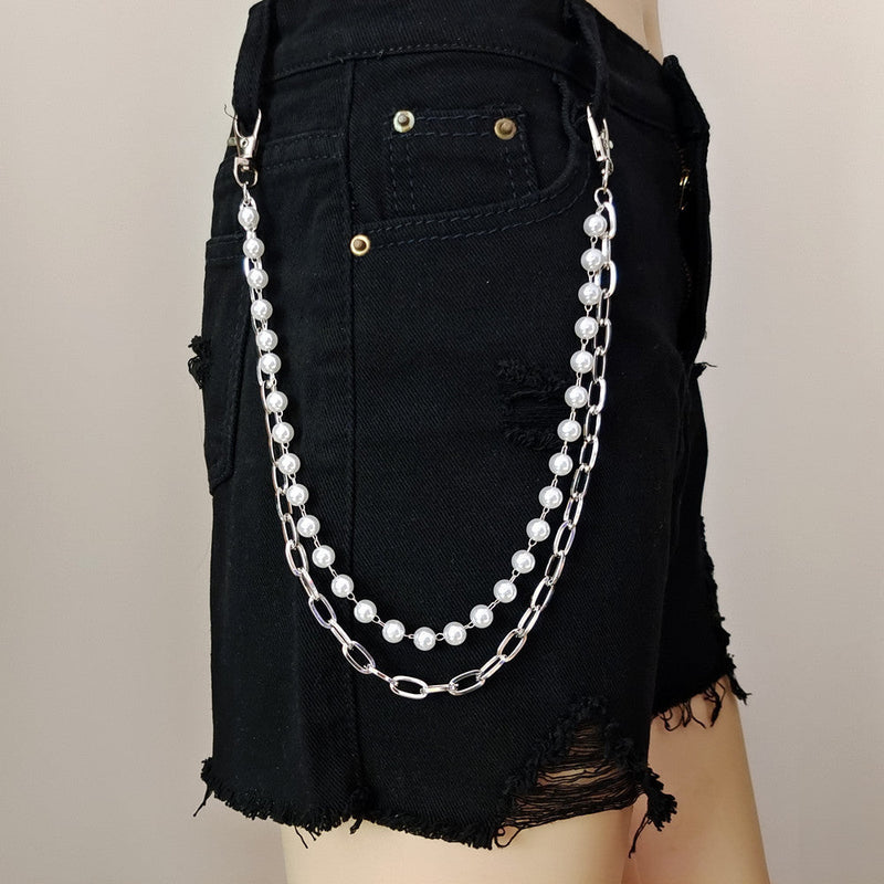 Double Layers Wallet Chains Disco Pearl Pocket Belt Key Chains