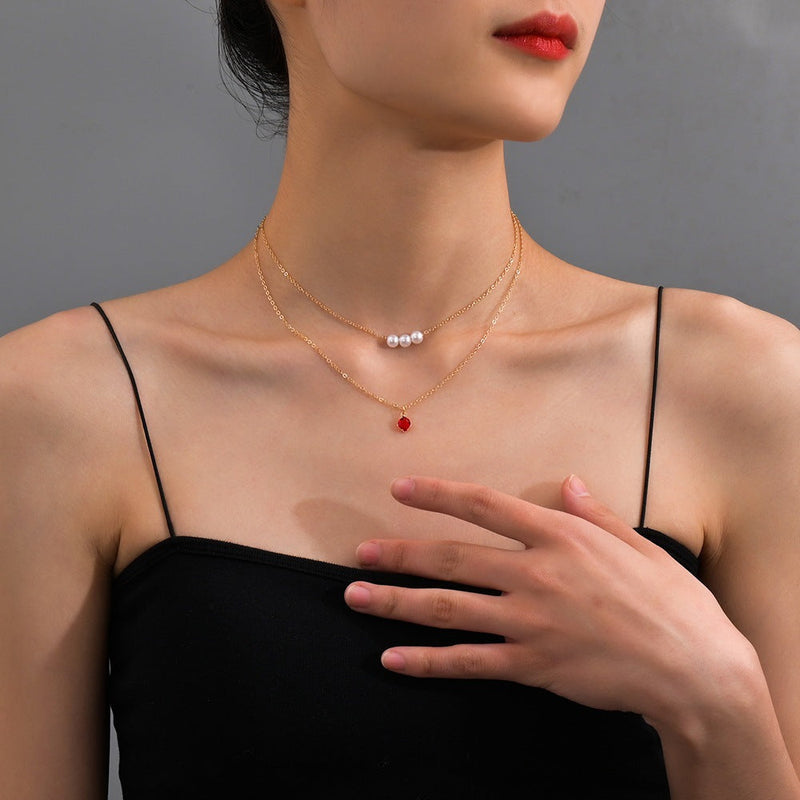 Women Red Crystal Layer Choker Necklace