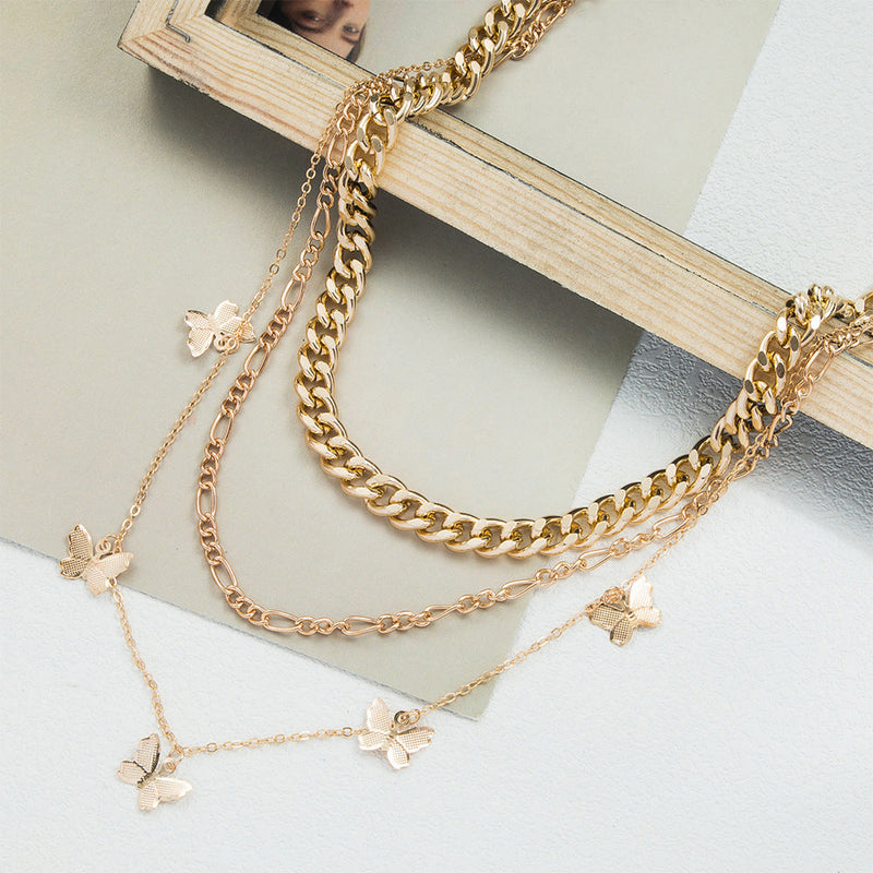 Butterfly Pendant Multi Layered Chain Necklace