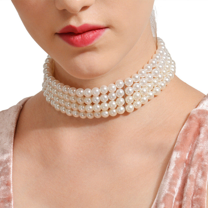 Round Imitation Pearl Choker Necklace Multi Strands
