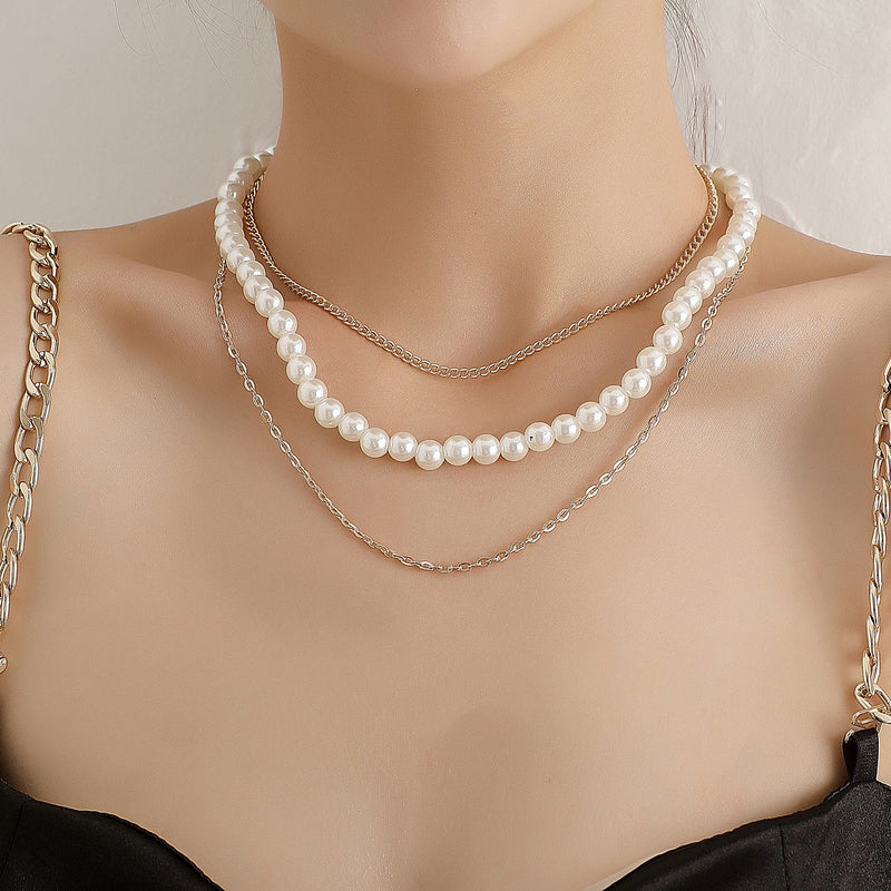 Layer Pearl Chain Choker Necklace Vintage