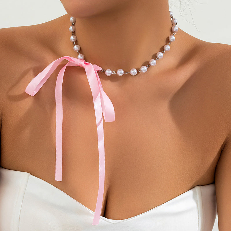 Elegant Pearl Bow Knot Choker Necklace Long Ribbon