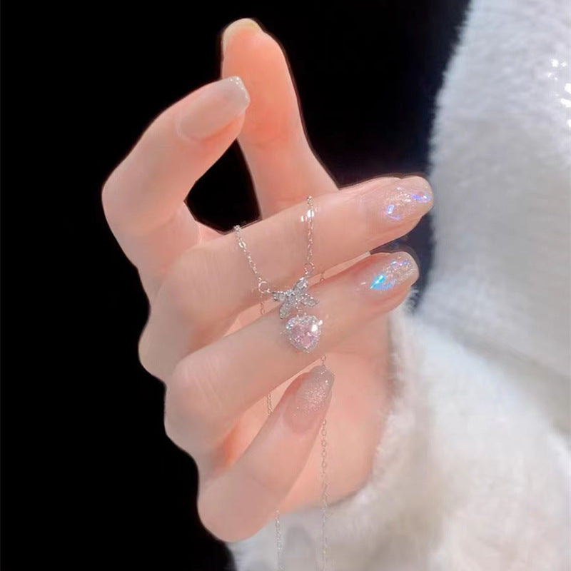 Pink Heart Zircon Bow Pendant Necklaces