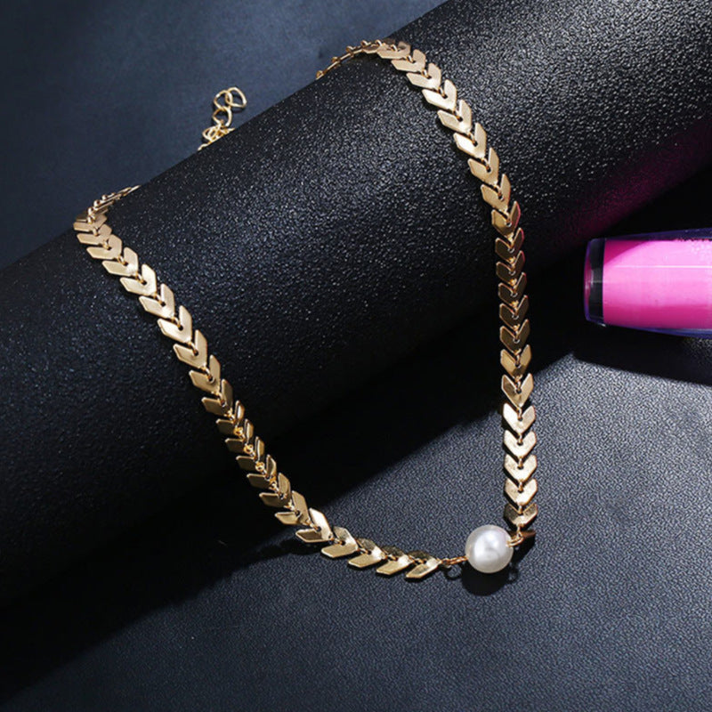 Simple Pearl Charm Fish Bone Chain Short Choker Necklace