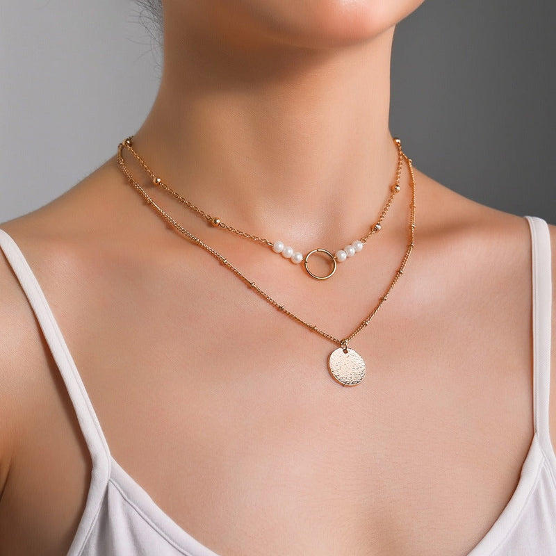Layered Disc Pearl Pendant Necklace