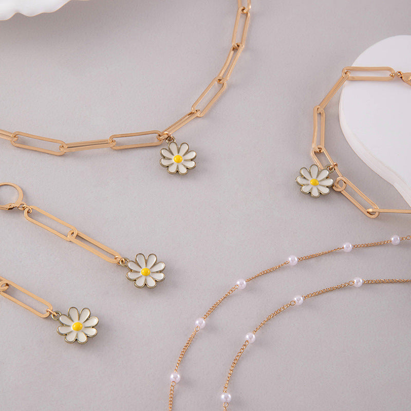 Pearls Daisy Flower Bracelet Earring Necklace Jewelry Set