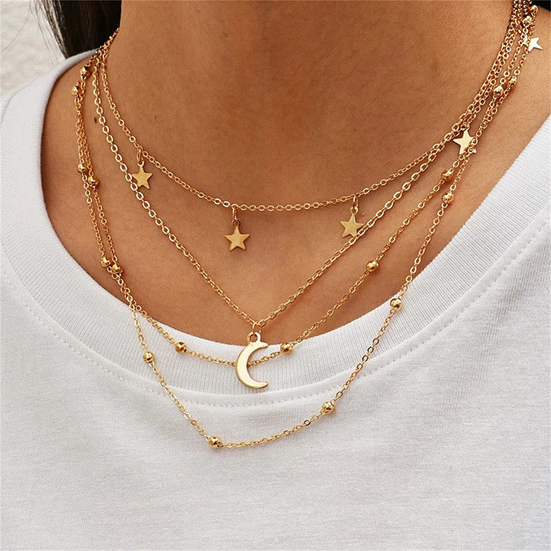 Three layer Chain Star Moon Pendant Necklace