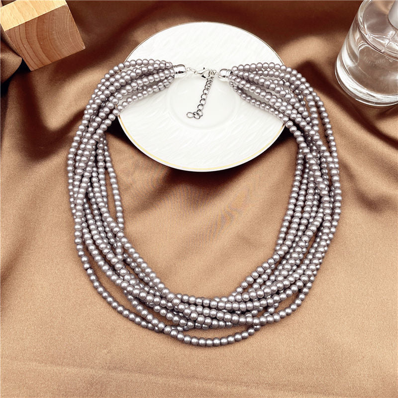 Pearl Layer Chain Grey Glass Choker Necklaces