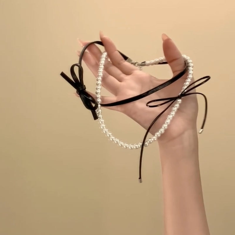 Double-layer Pearl Leather BowKnot Collar Necklace