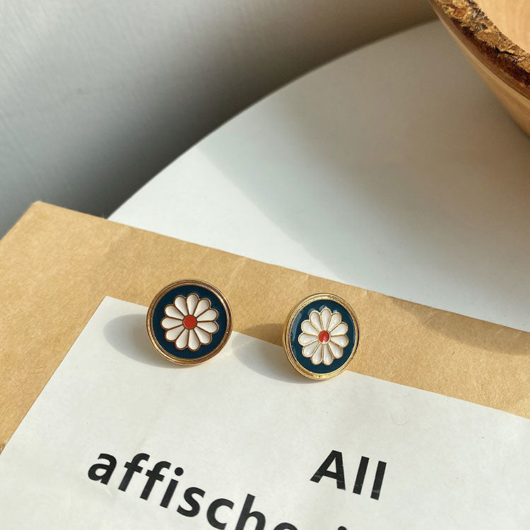 Blue Enamel Daisy Flower Stud Earrings