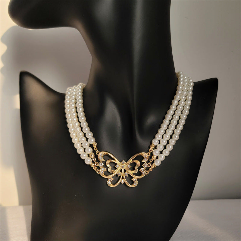 Vintage Multi Layers Pearl Necklace butterfly wings