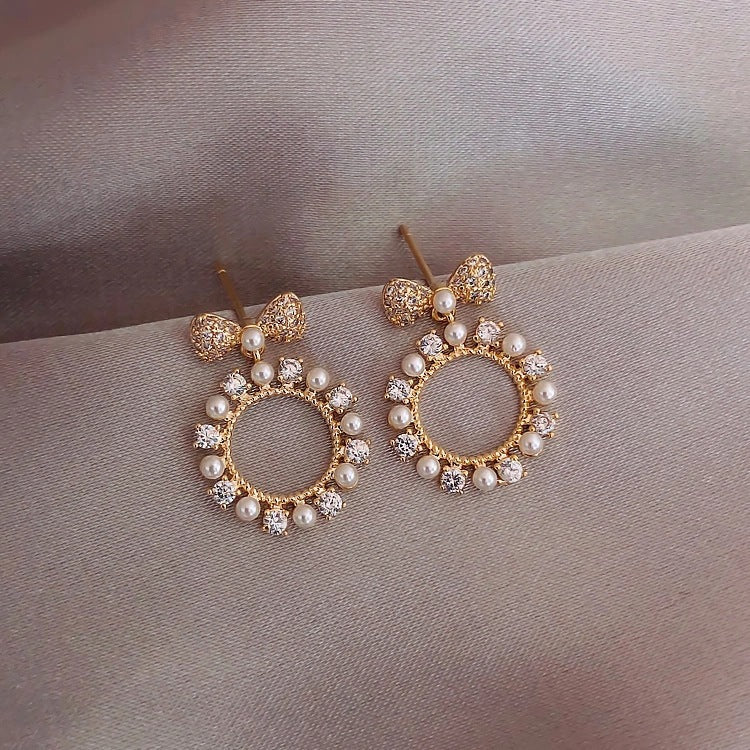 Pearl Circle Drop Bowknot Stud Earrings