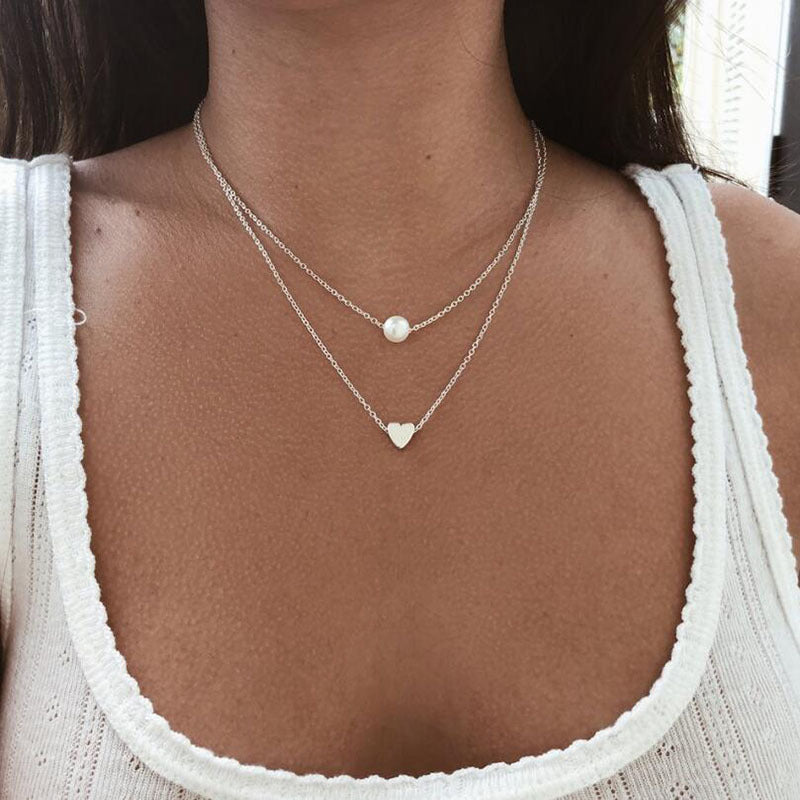 Sweet Double Layered Imitation Pearl Heart Pendant Necklace