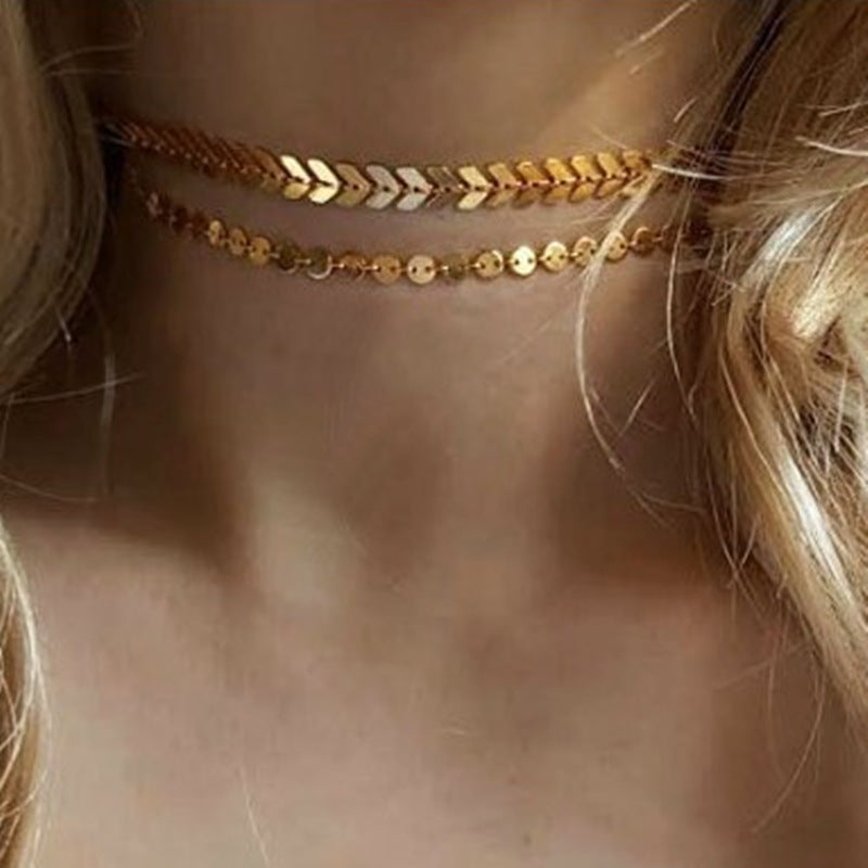 Layered Choker Metal Disc Chain Necklace