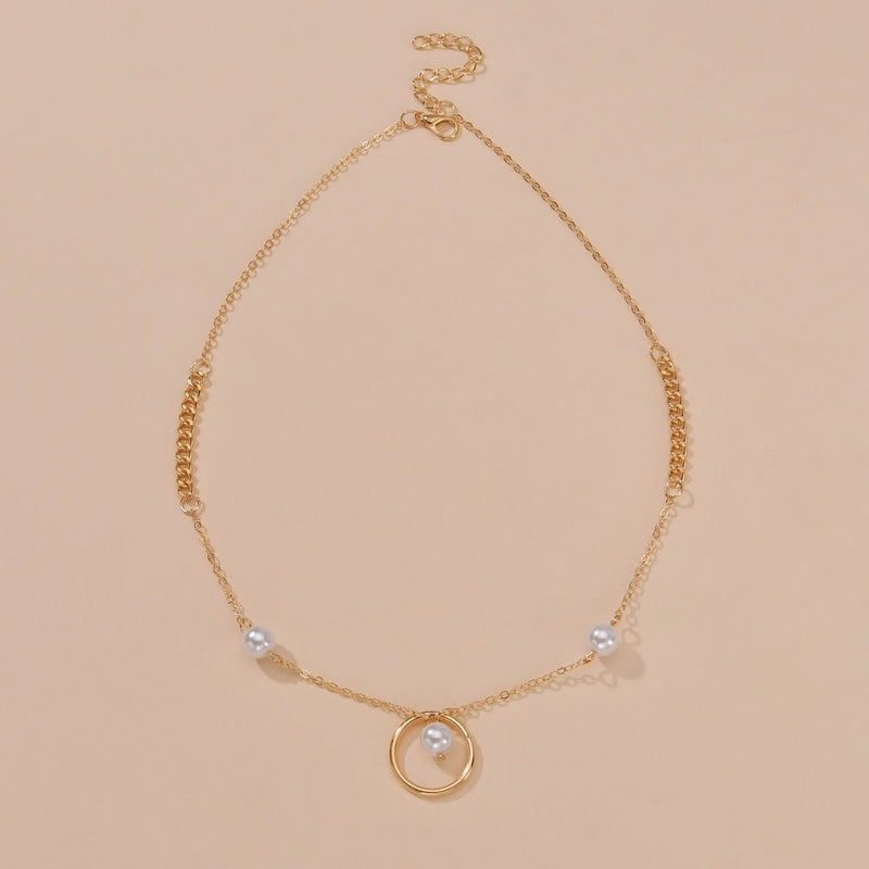 Chain Circle Pearl Charm Necklace