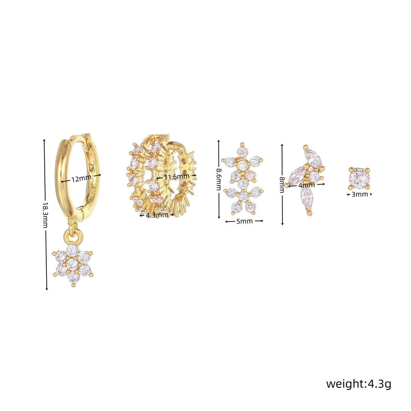 Stacking 5 Pieces Floral & Geometric Zirconia Earring Set, 18k Gold Plated Studs, Drops & Hoops,  S925 Needle, Stacked Lobe Designs with Dazzling Zirconia