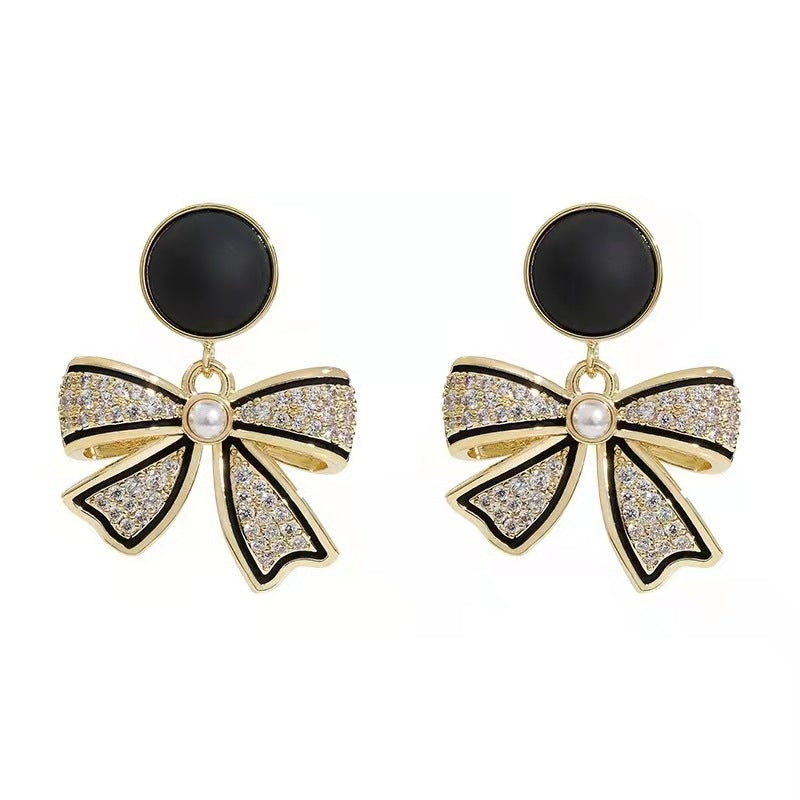 Sweet Black Bow Pearl Drop Stud Earrings