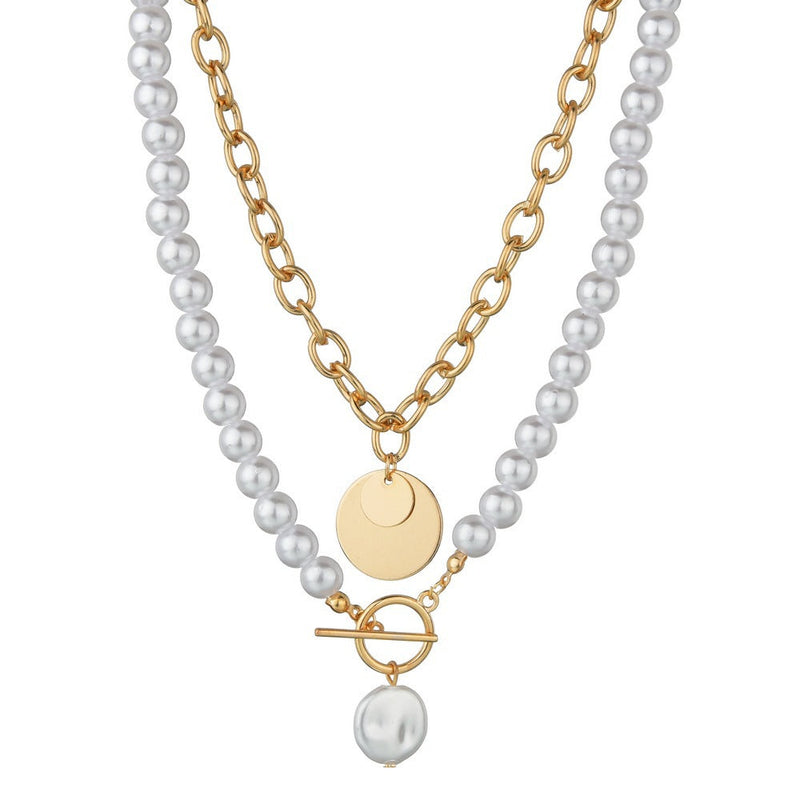 Double Layers Baroque Pearl Necklace Vintage Coin Pendant