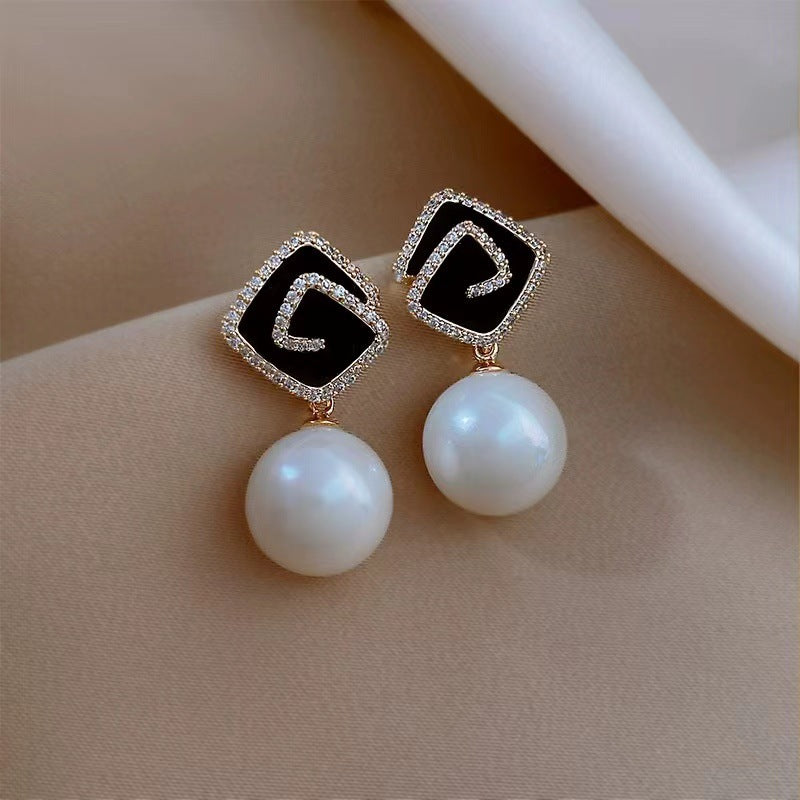 Geometric Square Black Enamel Pearl Earrings