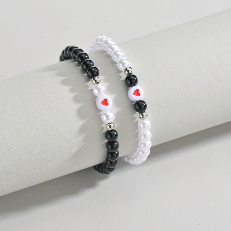 Acrylic Love Heart Beads Pearl Bracelet Set