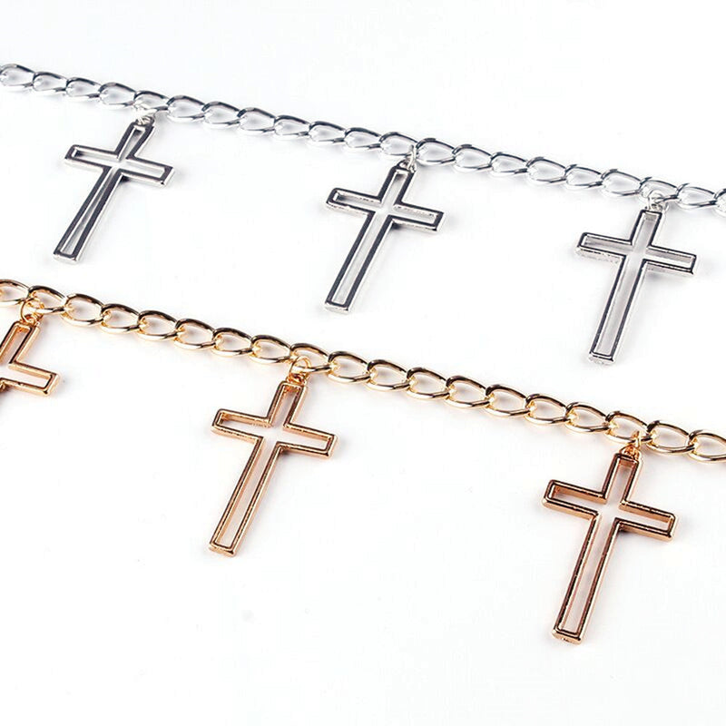 Girls Punk Double Row Waist Chain With Cross Pendant