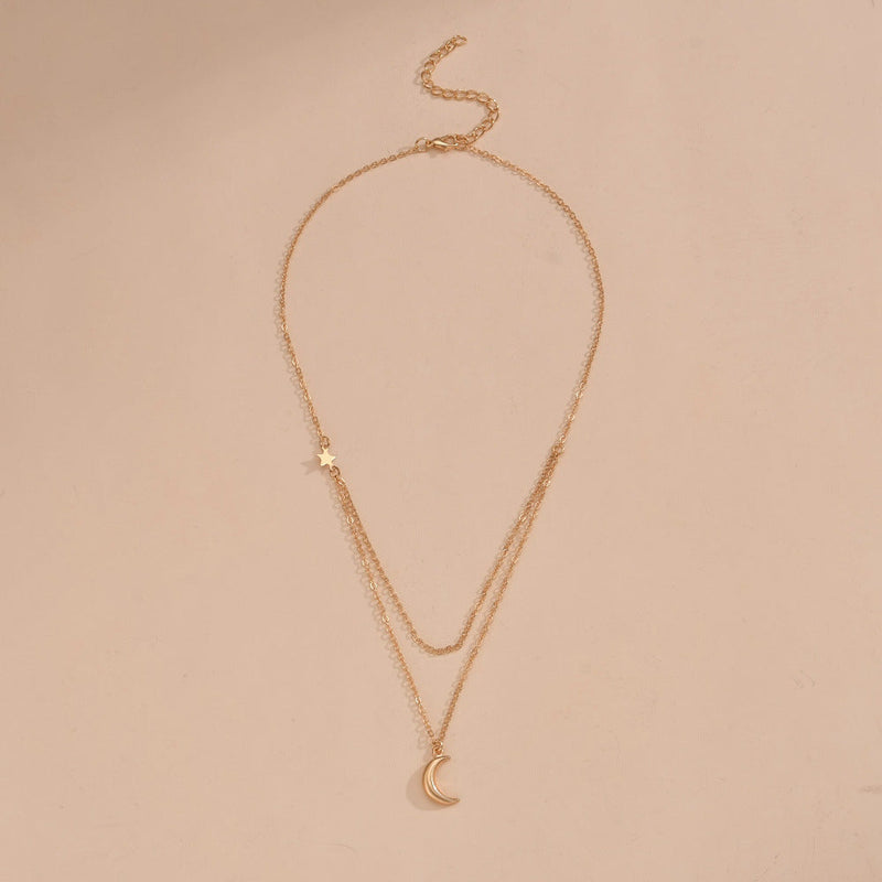 Double Layer Chain Moon Charm Choker Necklace