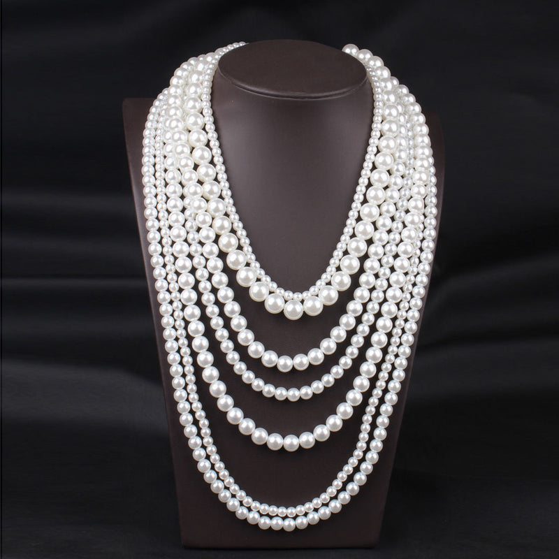 White Statement Pearl Bead Multi Layered Long Necklace Strand
