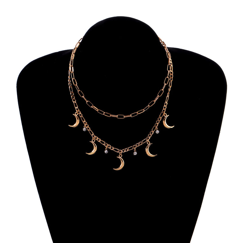 Vintage Jewelry Multi Moon Charm Layered Chain Necklace