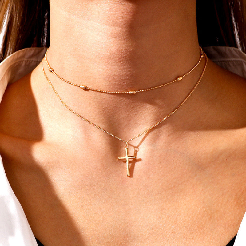 Double Layers Necklace for Women Cross Pendant