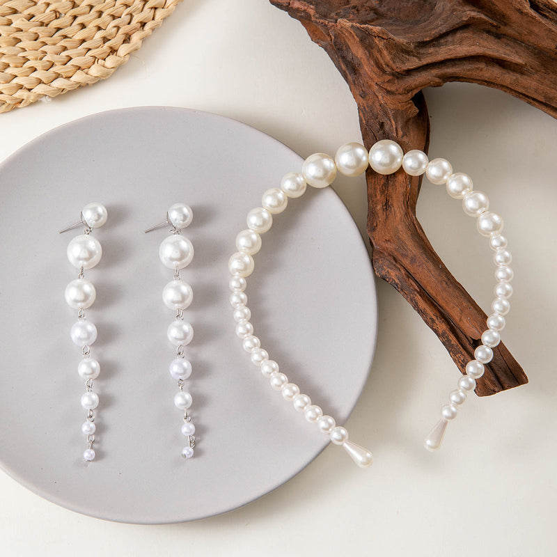 Pearl Headband Faux Pearls Beads Bridal Hair Hoop Earring Set