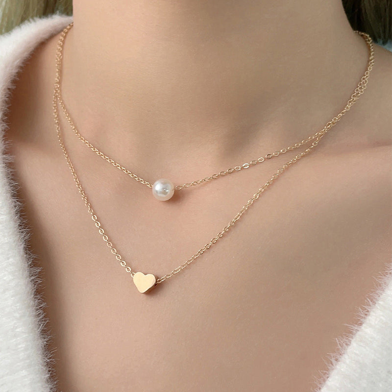 Women Pearl Charm Heart Pendant Double Layer Necklace