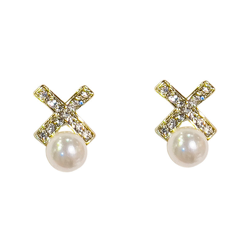 Sweet Pearl Studs Cross Earrings