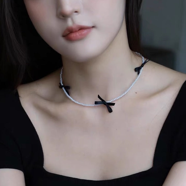 Faux Pearl Necklace Fashion Jewelry Sweet Girls Ribbon Bow Choker